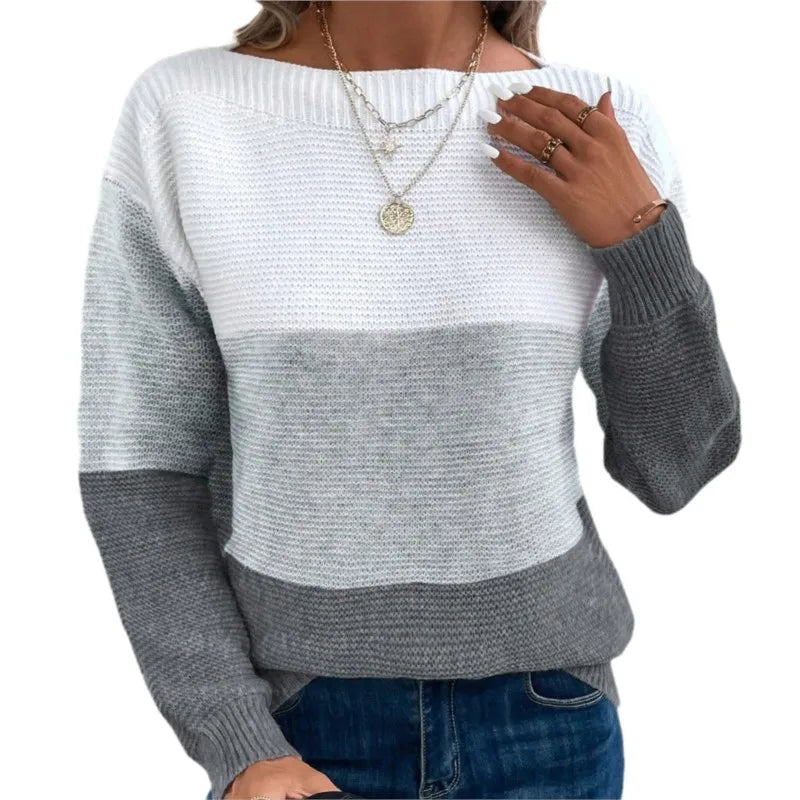 Women's Colour-Block Knit Jumper – Boat Neck Ribbed Trim