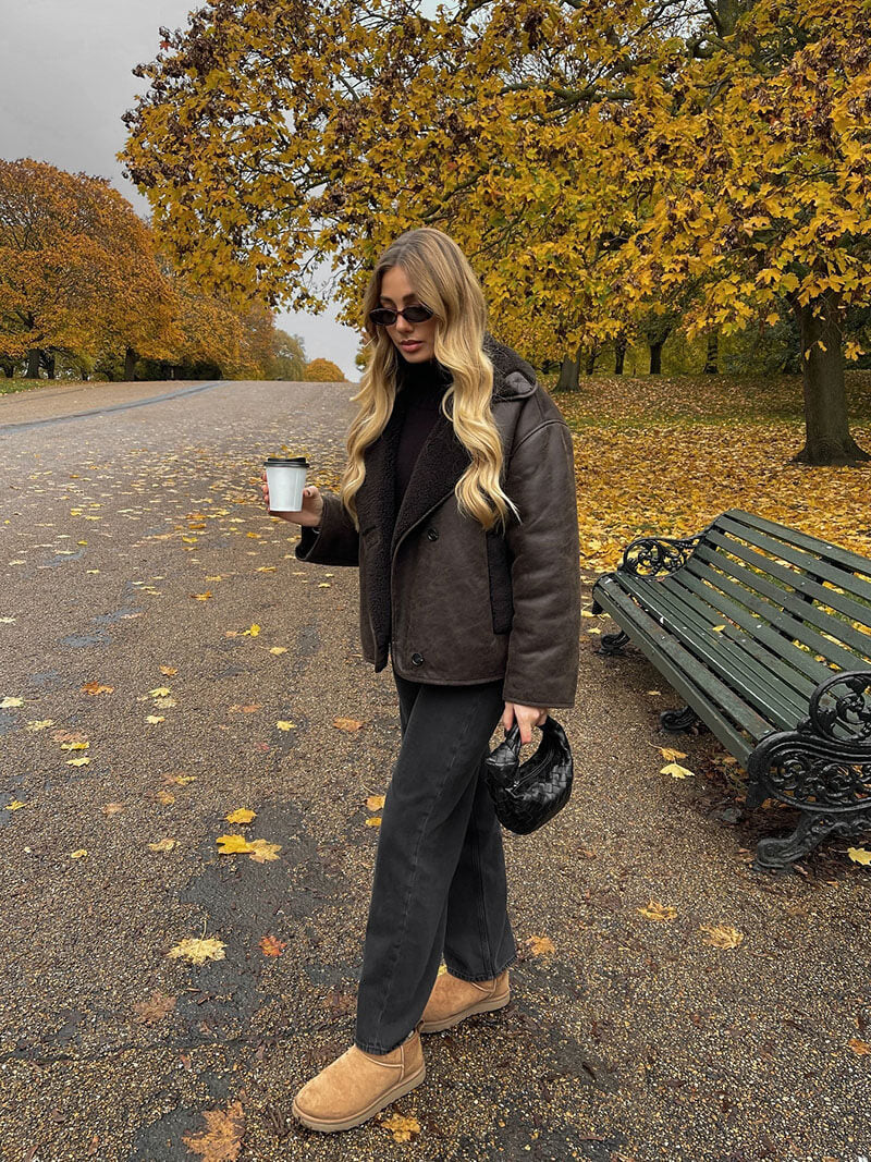 Women's Brown Faux Leather Jacket – Shearling Collar Coat