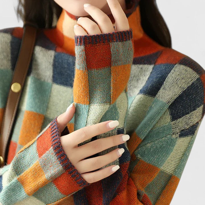 Women's Checkered Mock Neck Jumper – Colourblock Knit Sweater