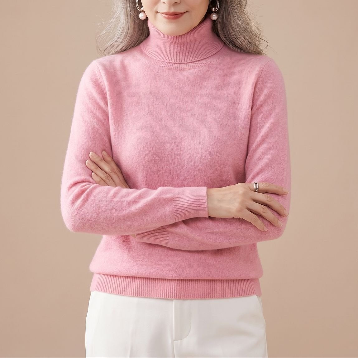 Women's Cashmere-Feel Turtleneck Jumper – Slim Fit – Pink