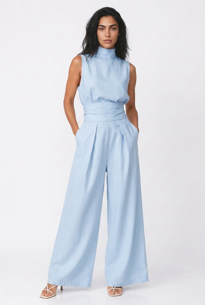 Women's Wide Leg Jumpsuit – Sleeveless High Neck Linen Jumpsuit