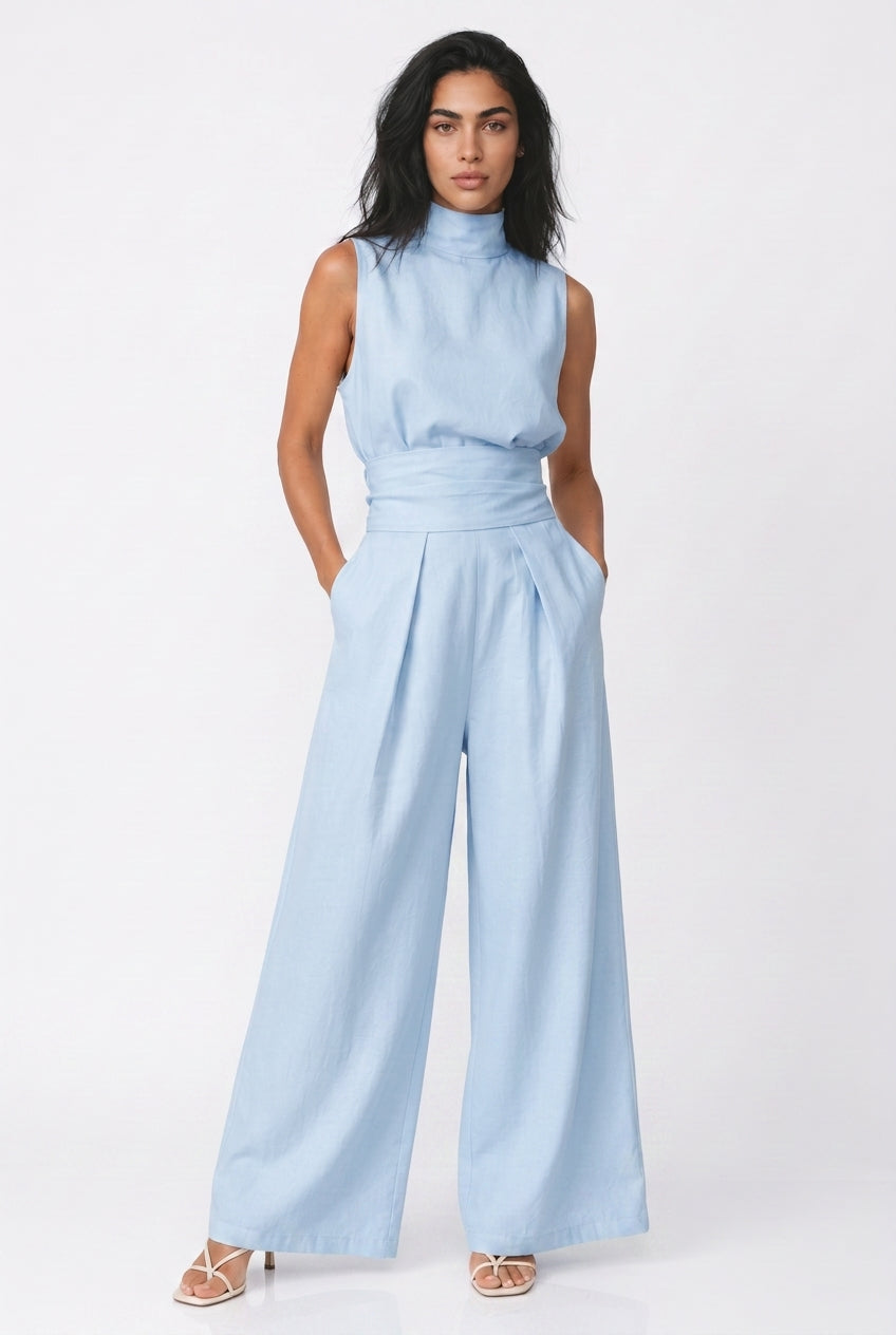 Women's Wide Leg Jumpsuit – Sleeveless High Neck Linen Jumpsuit