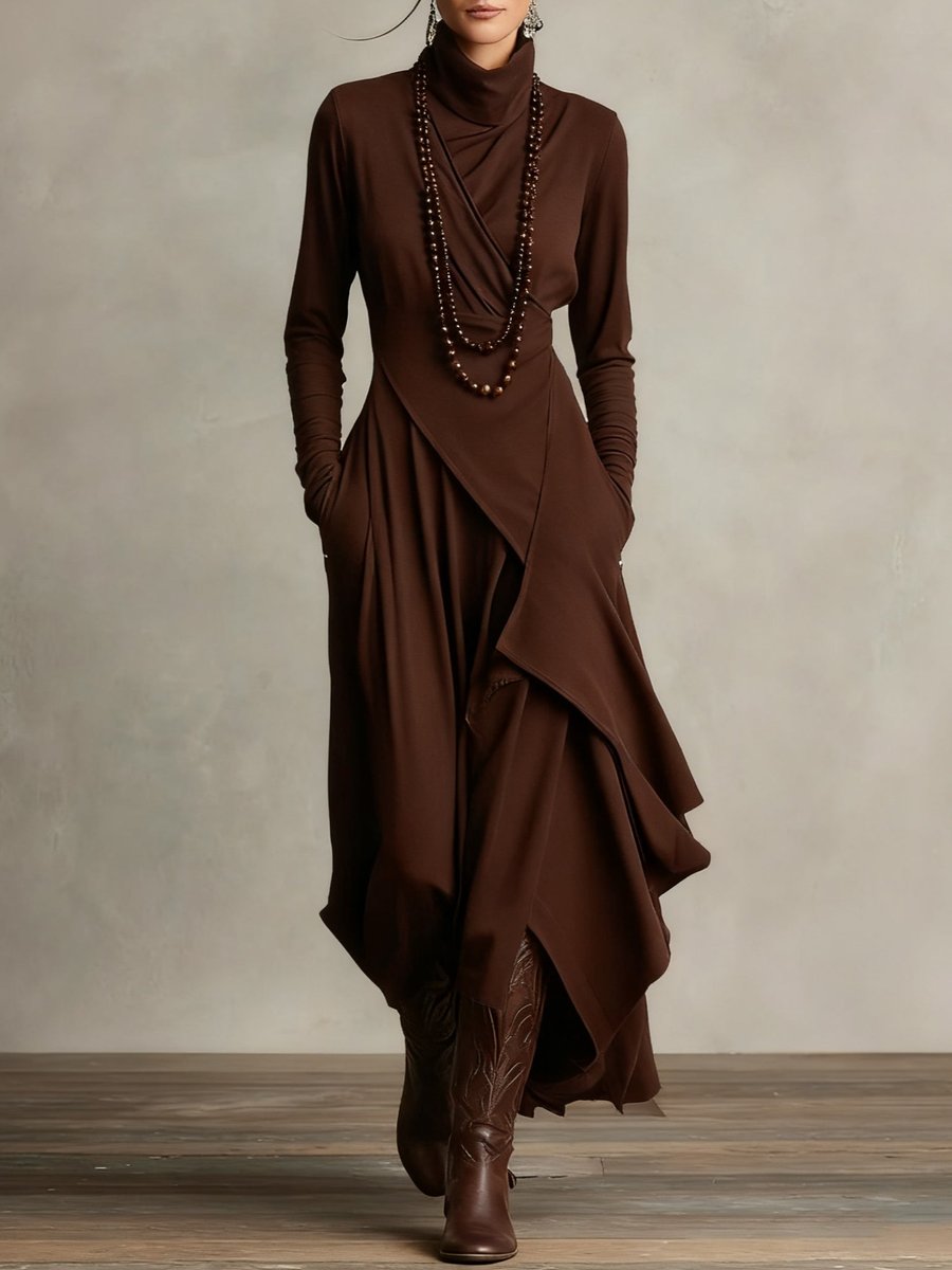 Women's Turtleneck Maxi Dress – Draped Asymmetric Hem – Brown