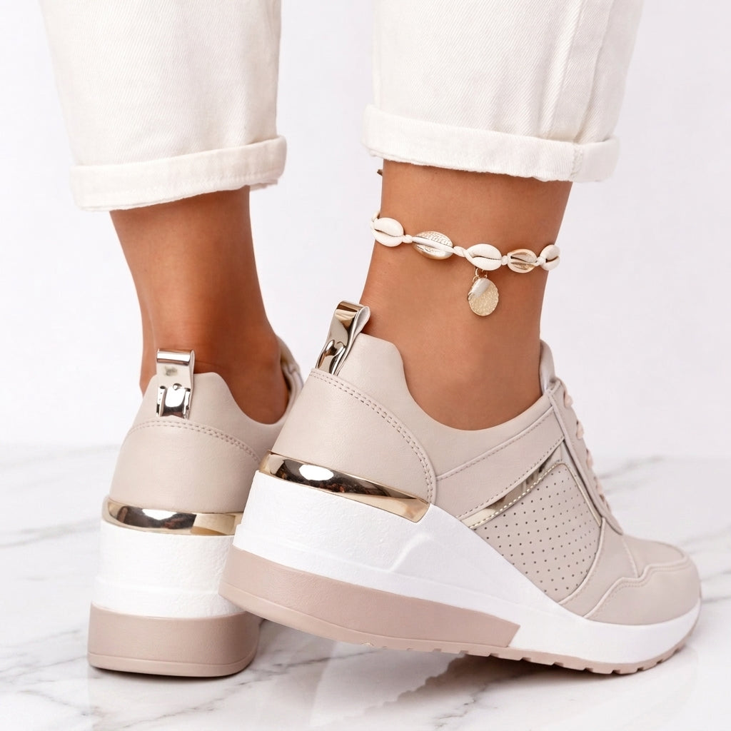 Women's Wedge Sneakers – Cushioned Comfort Trainers with Gold Detail