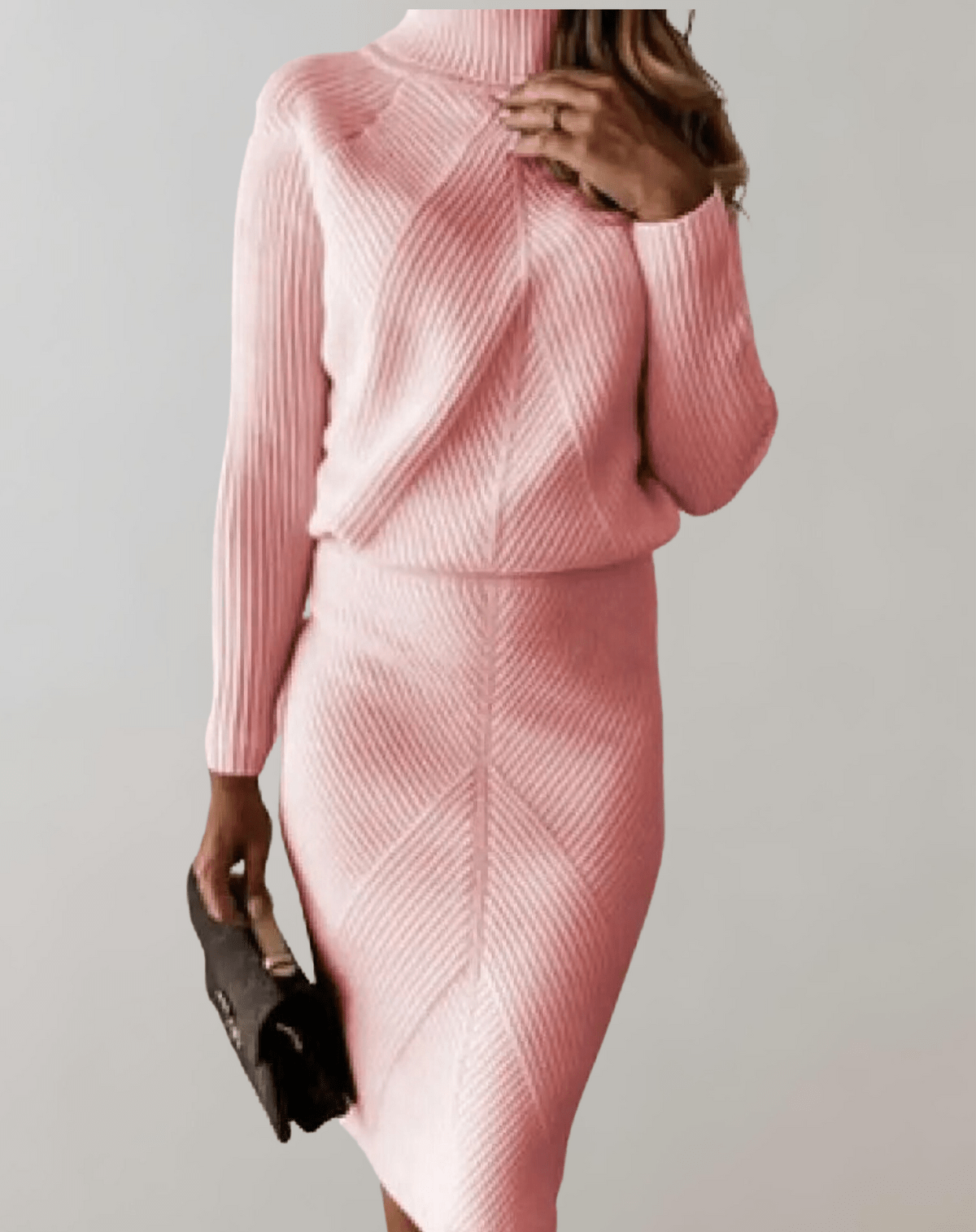 Women's Ribbed Knit Turtleneck Co-ord – Fitted Midi Skirt Set