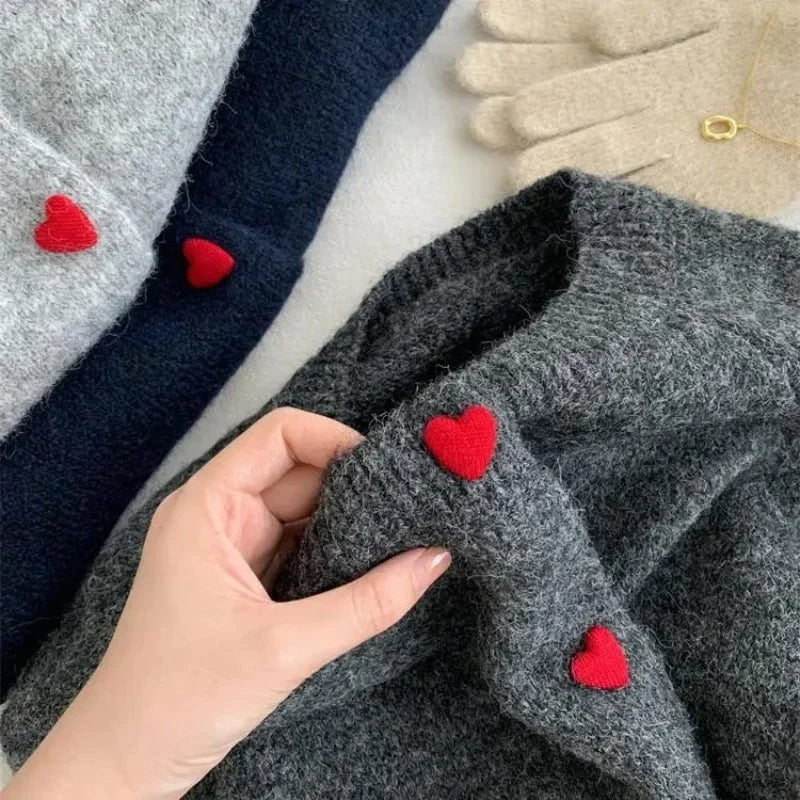 Women's Knit Cardigan – Heart Button Round Neck