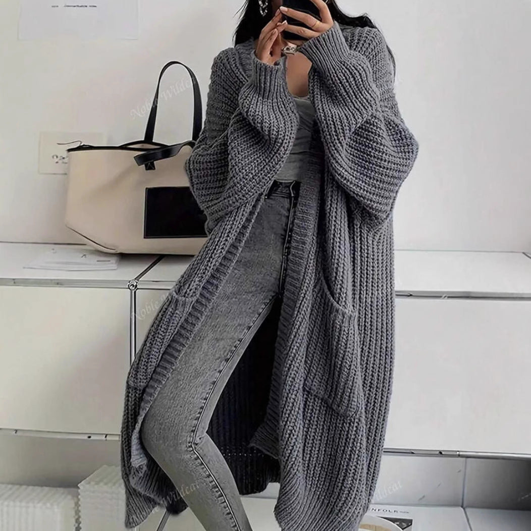Women's Chunky Knit Longline Cardigan – Open Front with Pockets
