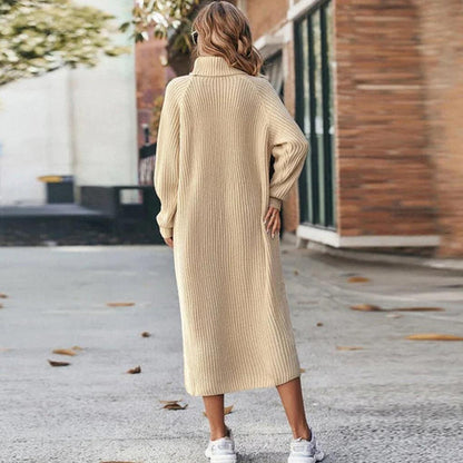 Women's Roll Neck Jumper Dress – Long Sleeve Knitted Midi