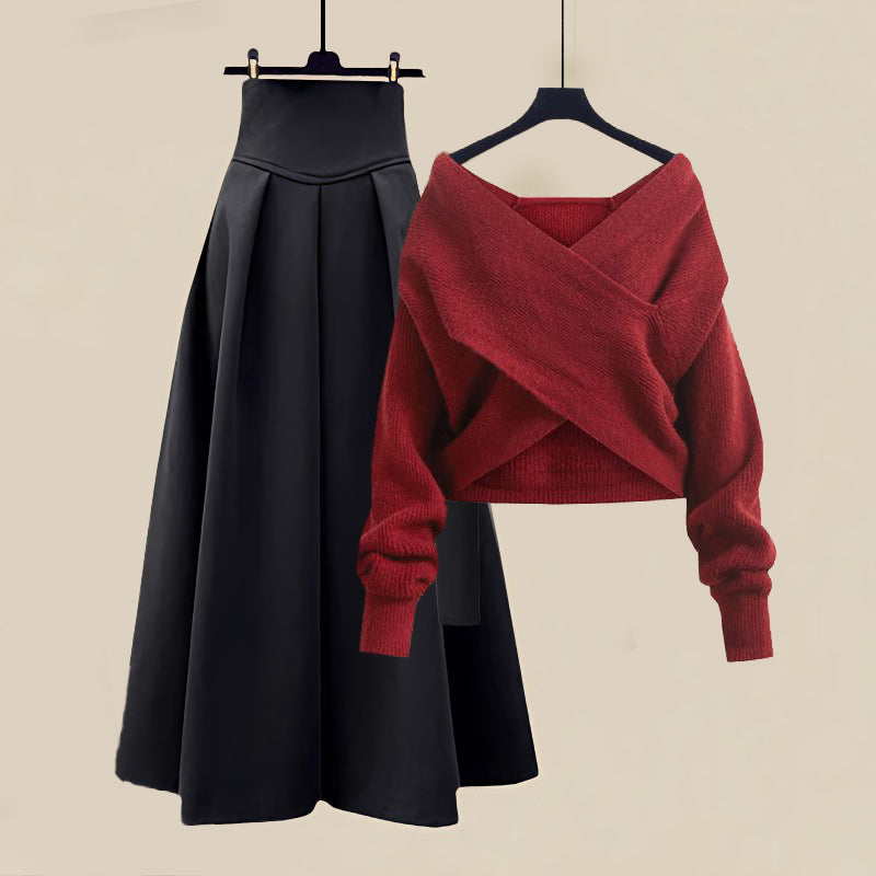 Women's Off-Shoulder Jumper & Midi Skirt Co-ord Set