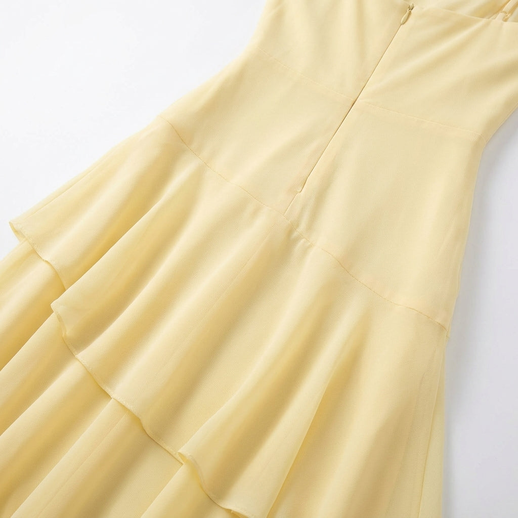 Ruffle Halter Maxi Dress V-Neck Tiered Chiffon Yellow Black