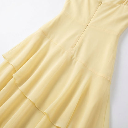 Ruffle Halter Maxi Dress V-Neck Tiered Chiffon Yellow Black