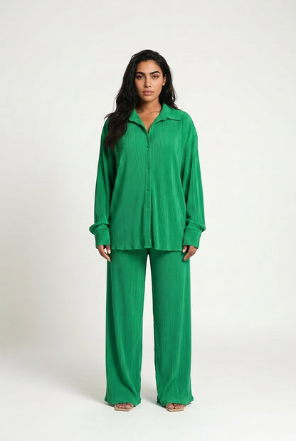 Women's Plisse Co-ord Set – Oversized Shirt & Wide Leg Trousers