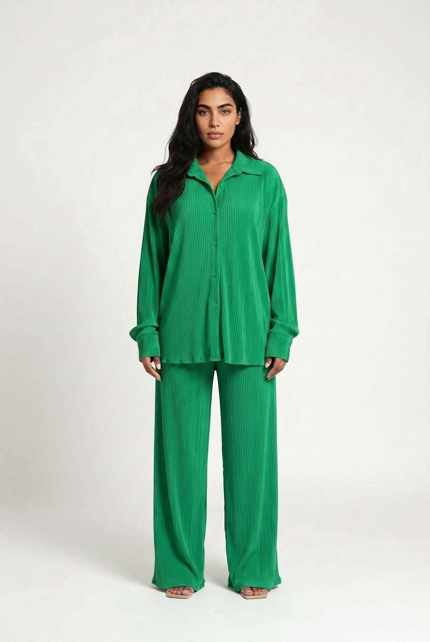 Women's Plisse Co-ord Set – Oversized Shirt & Wide Leg Trousers