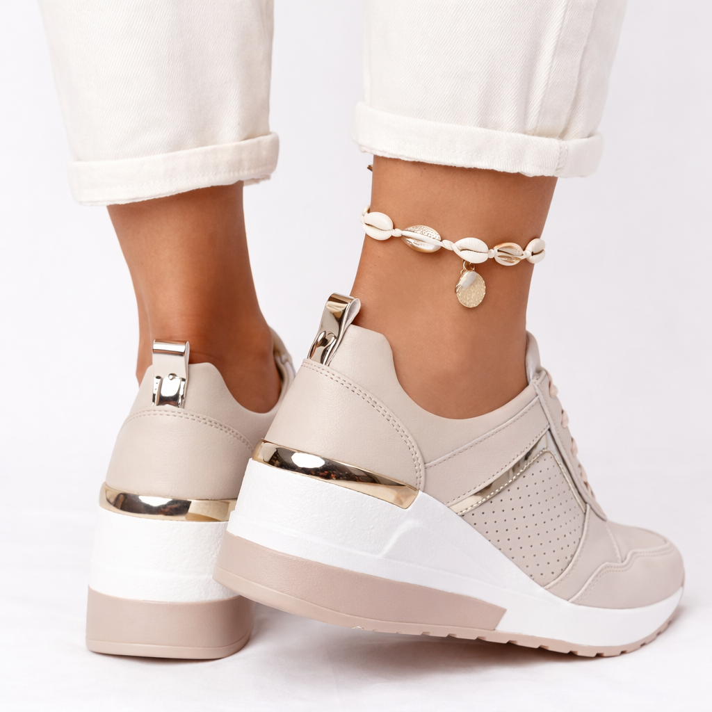 Women's Wedge Sneakers – Cushioned Comfort Trainers with Gold Detail