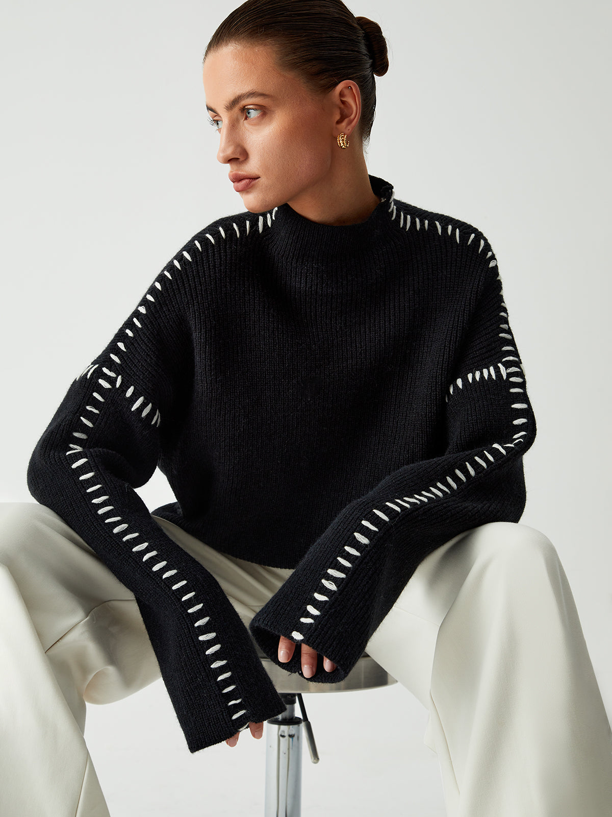 Women's Black Mock Neck Jumper – Whipstitch Oversized Knit