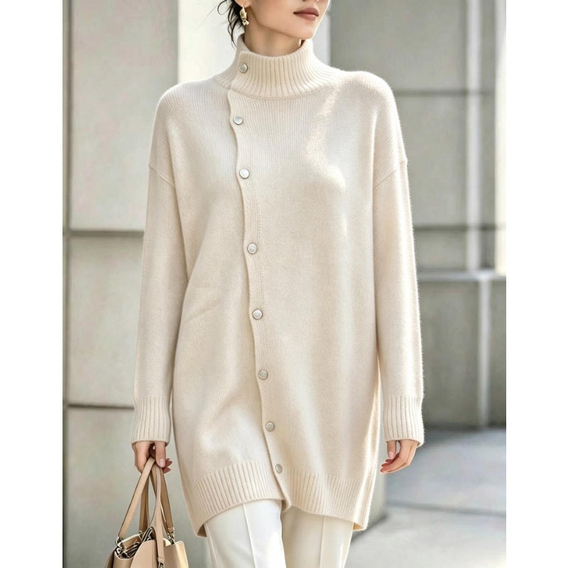 Women's Roll Neck Jumper – Asymmetric Button Front