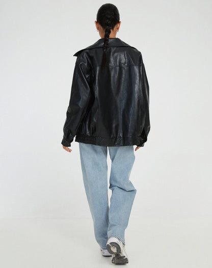Brown Oversized Leather Bomber Jacket Women | Faux Leather Zip Up Aviator Jacket