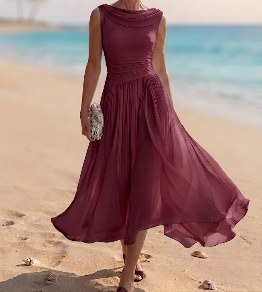 Women's Midi Dress – Pleated A-Line Summer Dress with Draped Neck