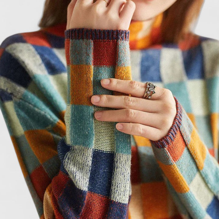 Women's Checkered Mock Neck Jumper – Colourblock Knit Sweater