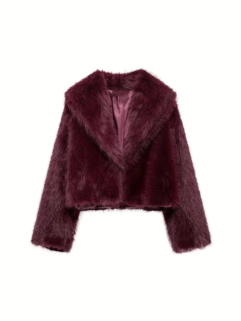 Women's Faux Fur Jacket – Oversized Collar Cropped Coat