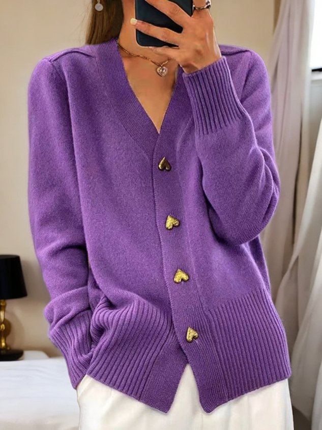 Women's V-Neck Knit Cardigan – Heart-Button Detail