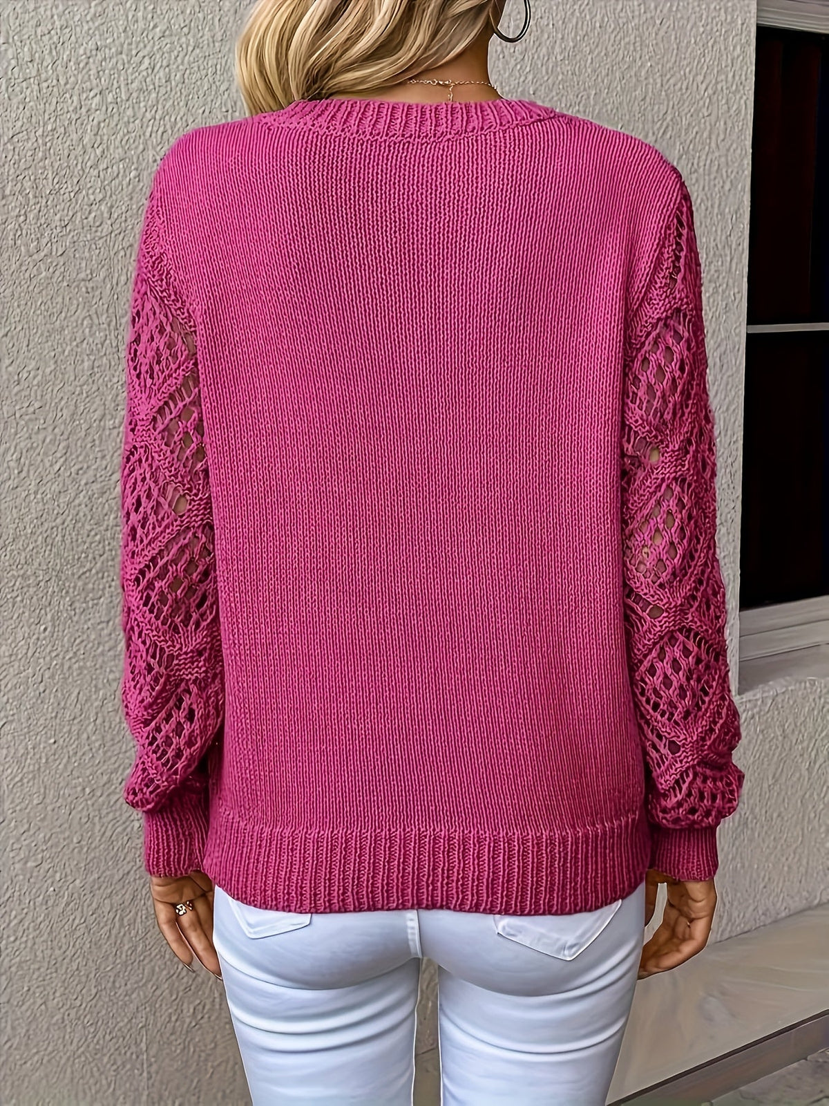 Women's Crochet Sleeve V-Neck Jumper – Knit Diamond Sweater