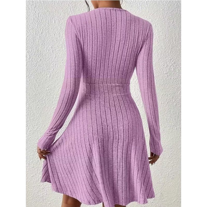 Women's Ribbed Wrap Neck A-Line Dress – Knee-Length Knit Dress