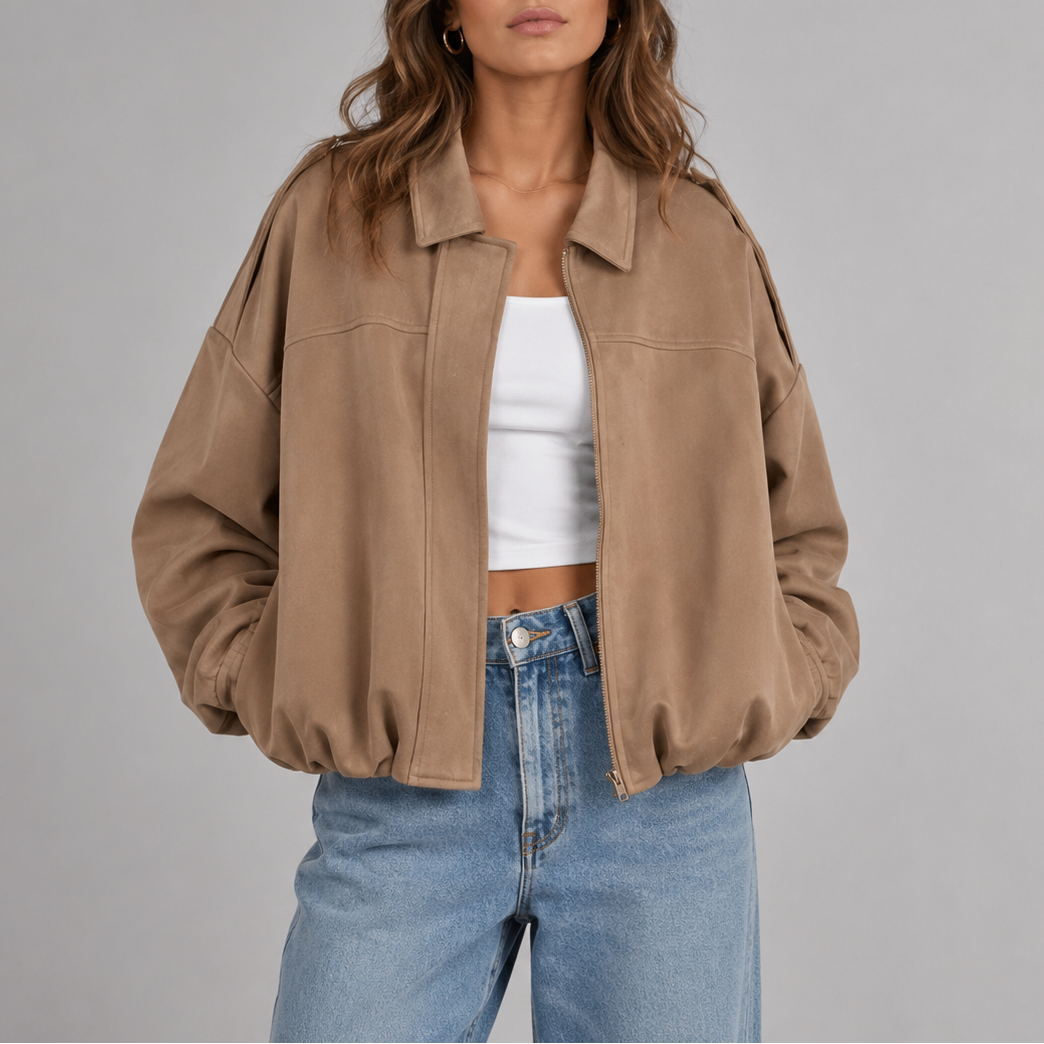 Women's Faux Suede Bomber Jacket – Collar Cropped Zip Jacket