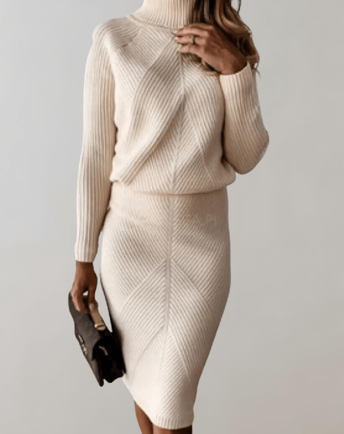 Women's Ribbed Knit Turtleneck Co-ord – Fitted Midi Skirt Set