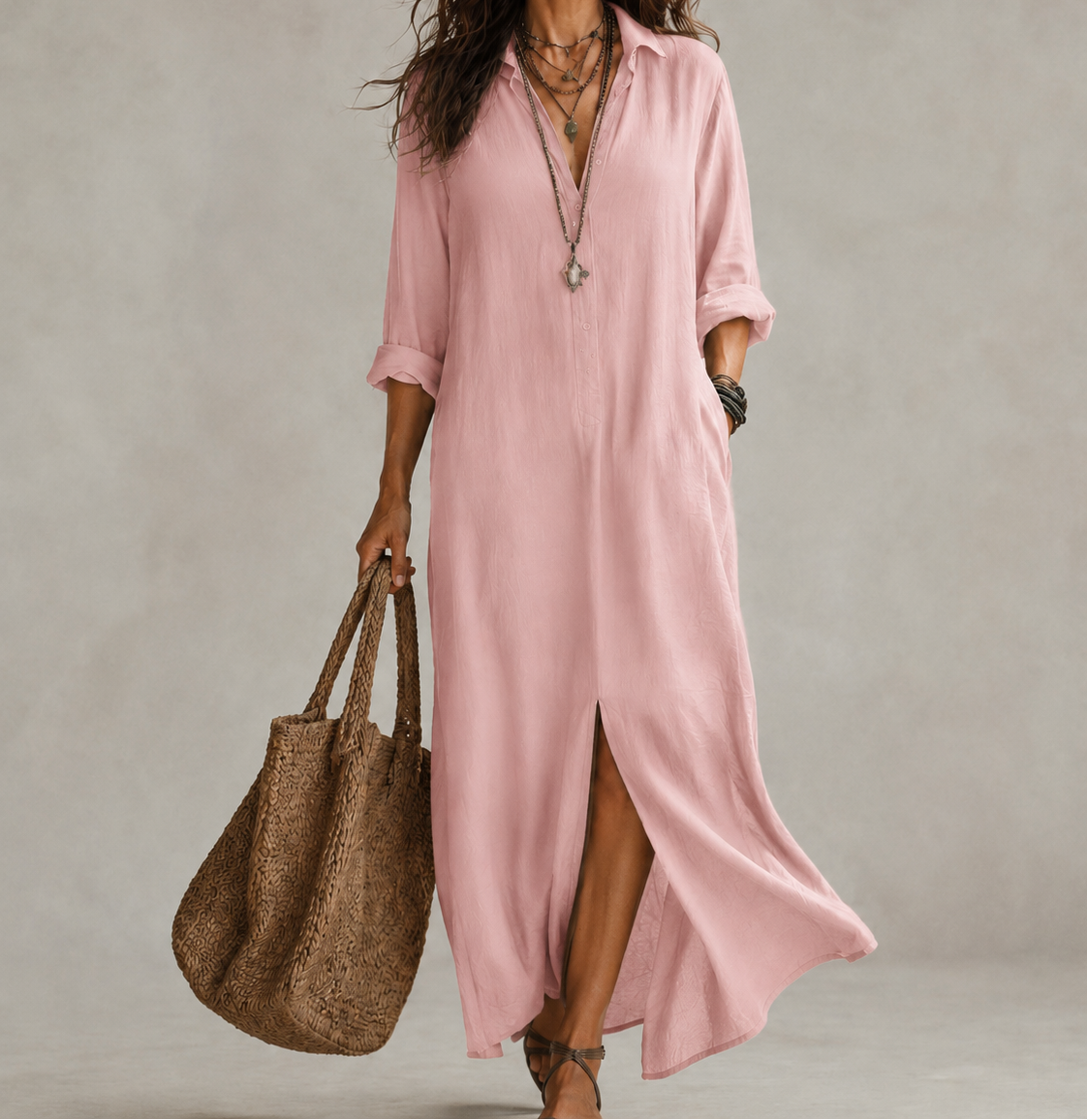 Women's Linen Shirt Dress – Long Sleeve Maxi Dress with Buttons