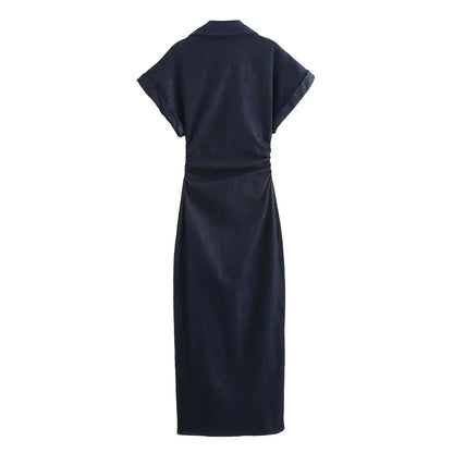 Women's Denim Midi Dress – Ruched Waist Button-Through