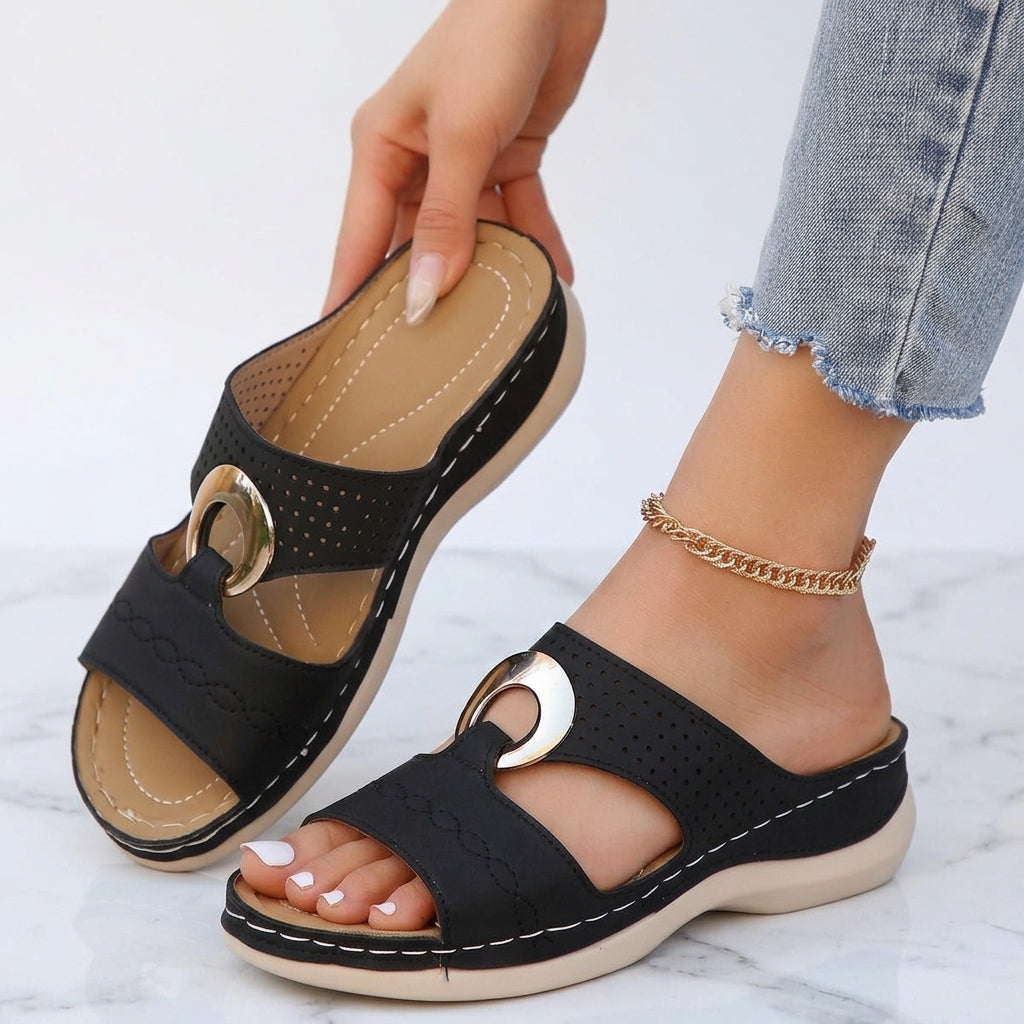 Women's Wedge Sandals – Buckle Detail, Cut-Out Slip-On Mules