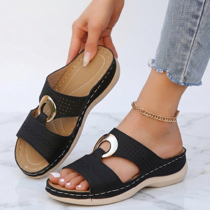 Women's Wedge Sandals – Buckle Detail, Cut-Out Slip-On Mules