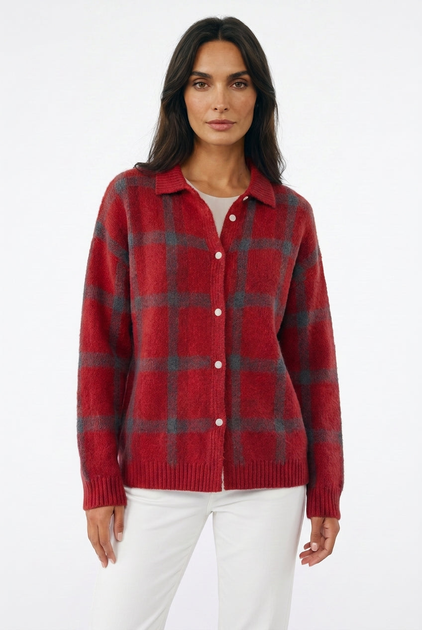 Women's Plaid Knit Cardigan – Button-Up Shacket Top