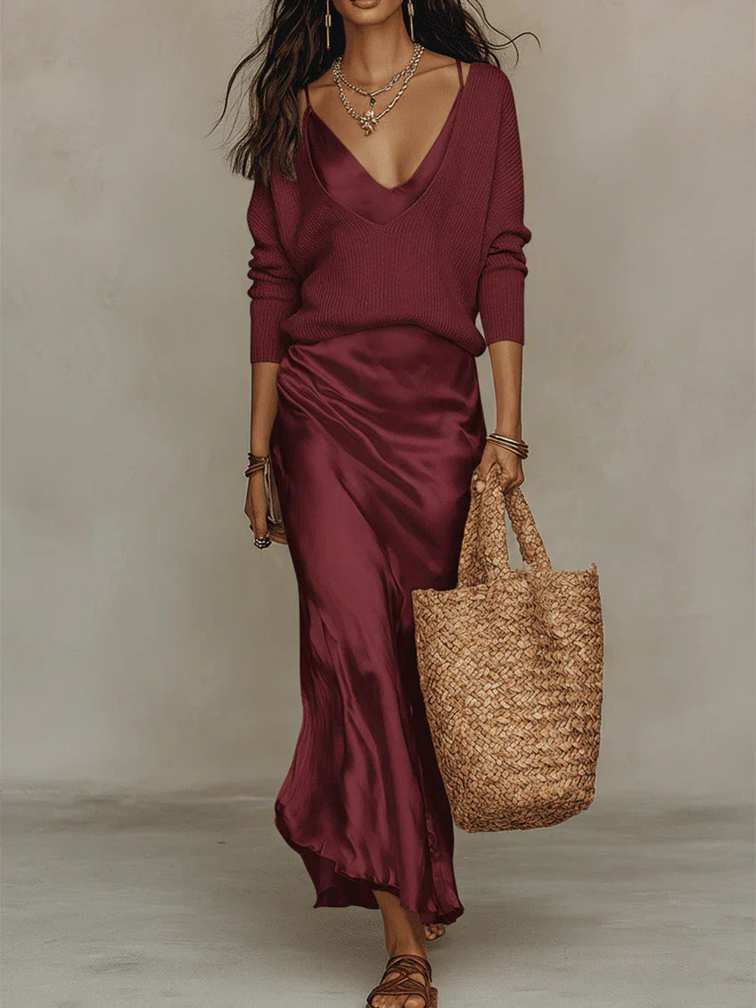 Women's Knit & Satin Slip Maxi Dress – V-Neck Two-Piece Look