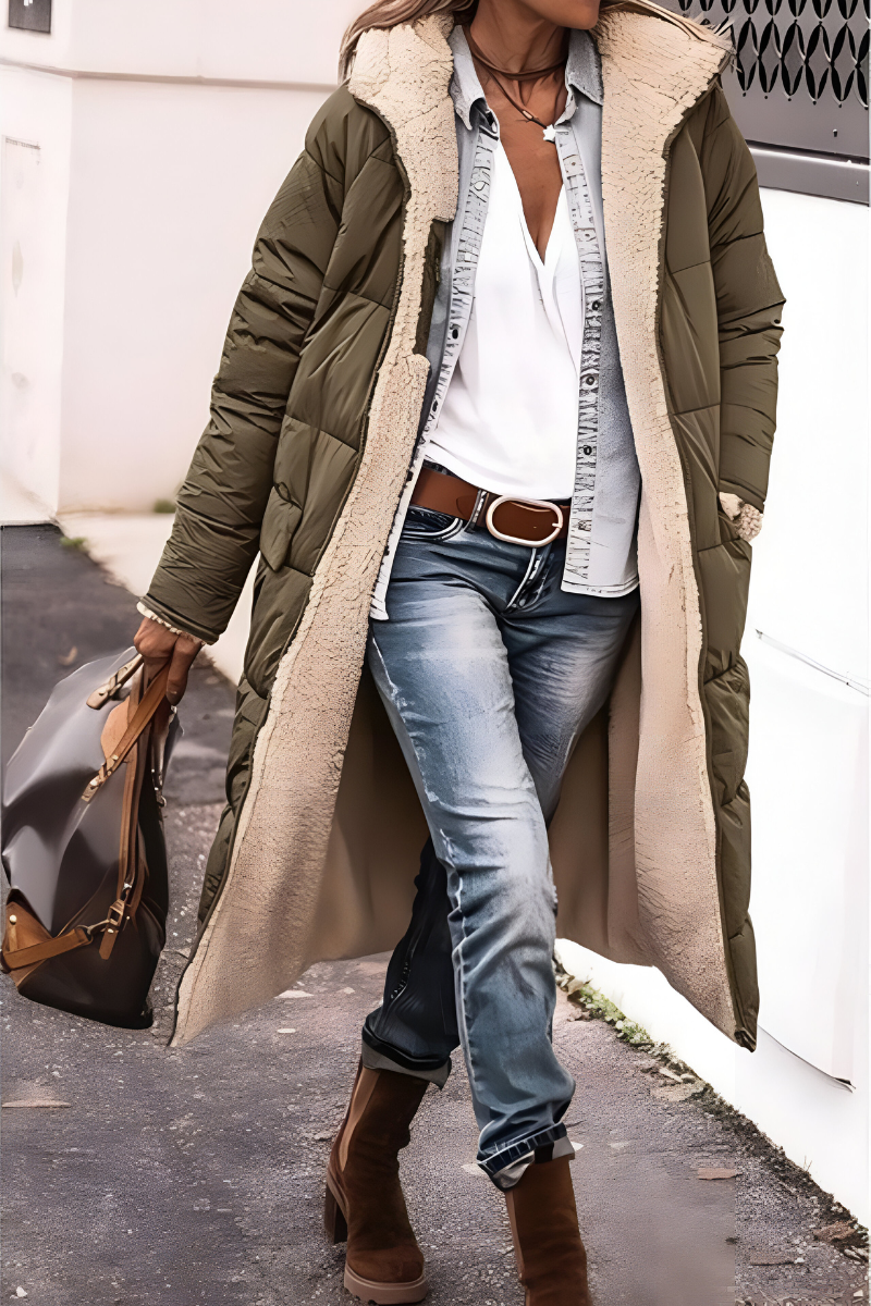 Women's Longline Sherpa-Lined Puffer Coat with Hood