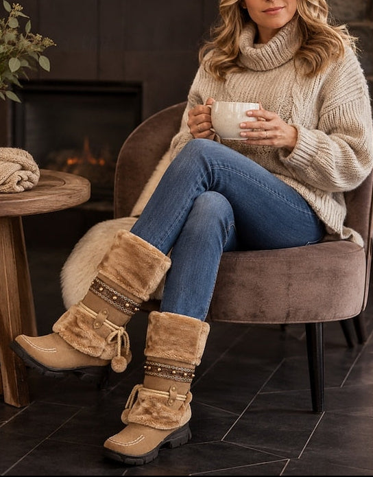 Women's Faux Fur Mid-Calf Winter Boots with Beaded Trim