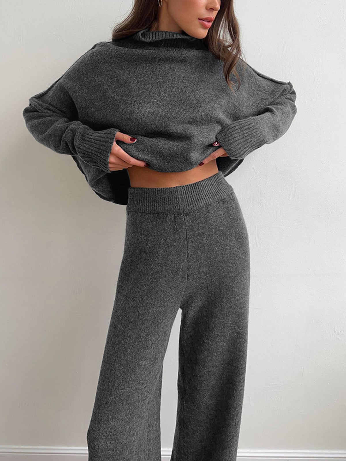 Women's Knitted Co-ord Set – Roll Neck Jumper & Wide Leg Trousers