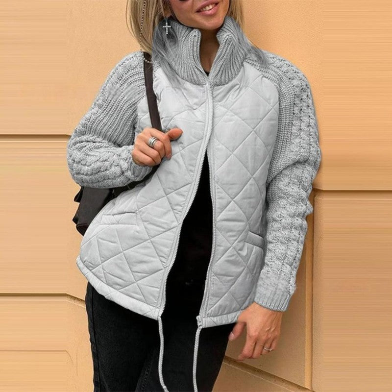 Women's Quilted Patchwork Jacket – Knit Sleeve Puffer Coat