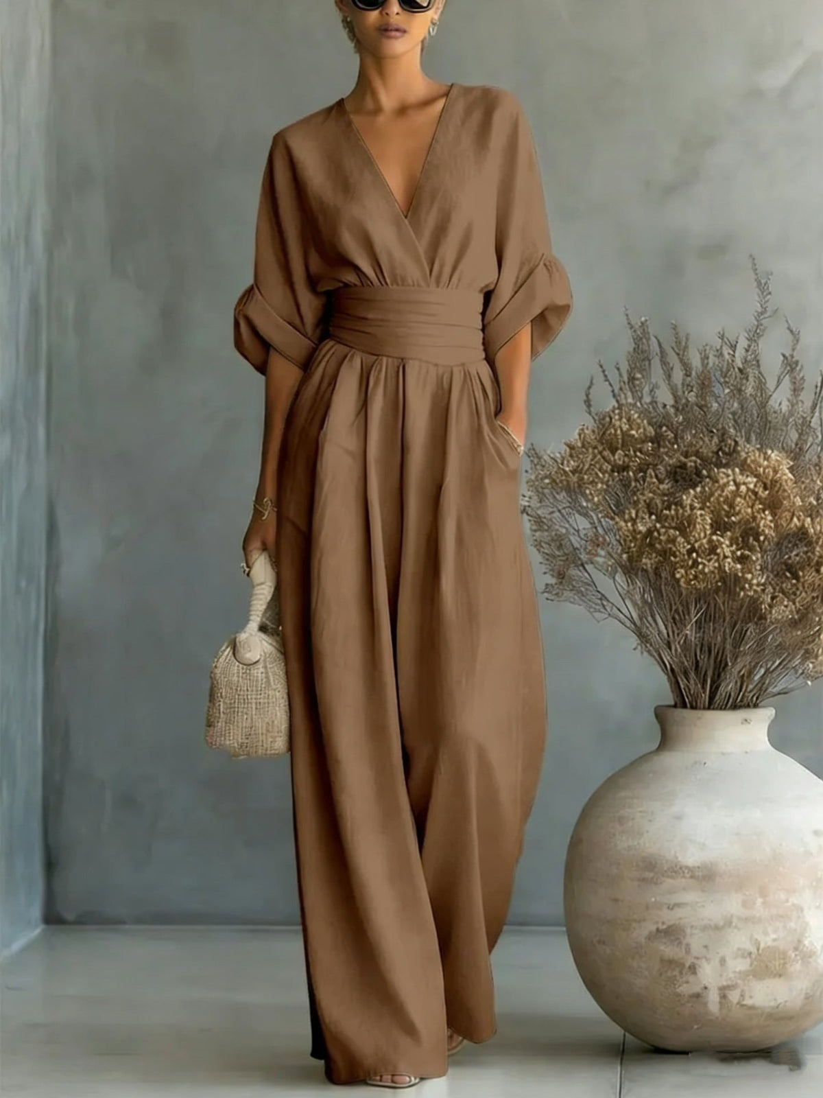 Women's Wide Leg Jumpsuit – V-Neck Belted Occasion