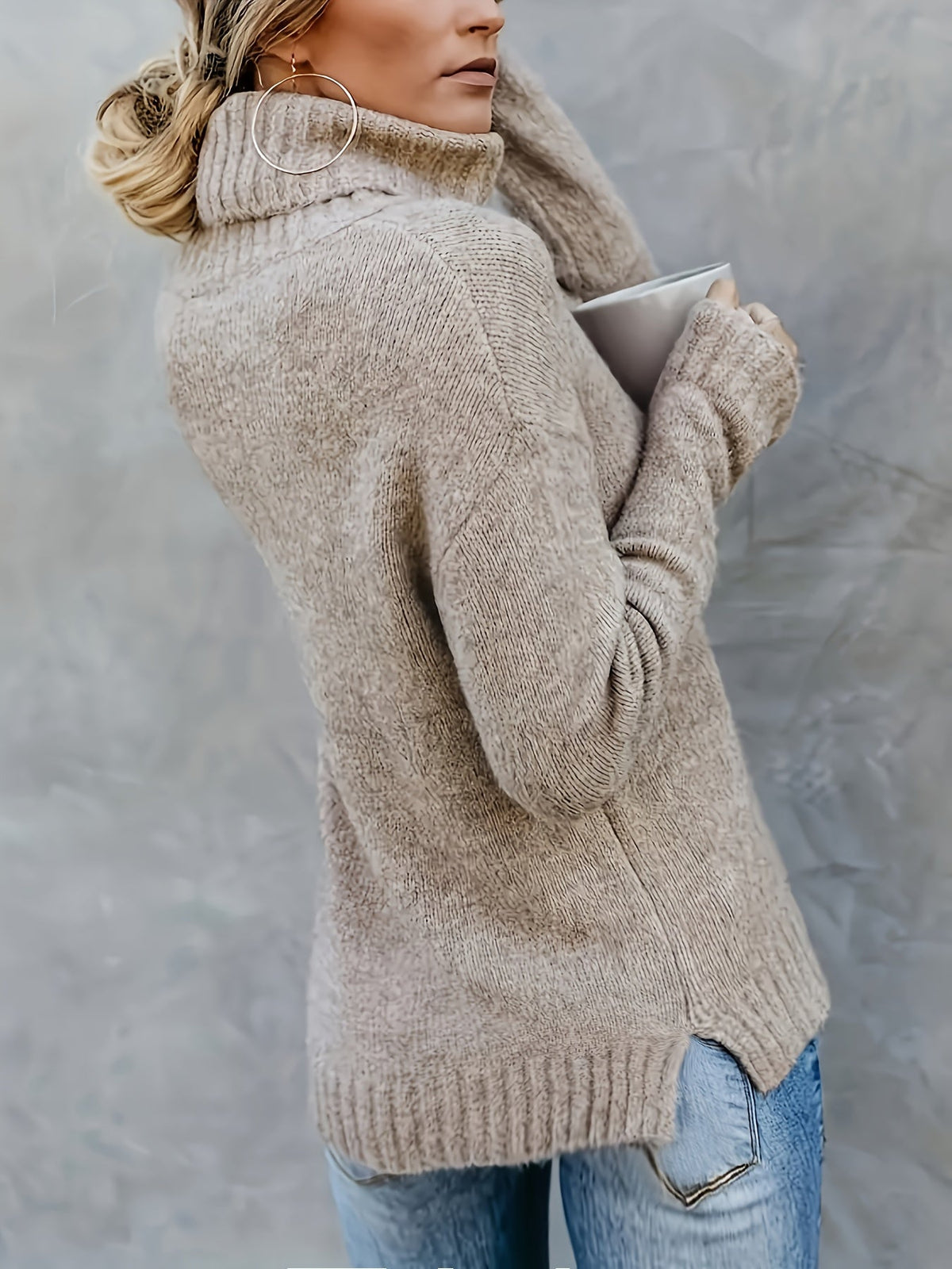 Women's Cowl Turtleneck Jumper – Split Hem Knit Sweater
