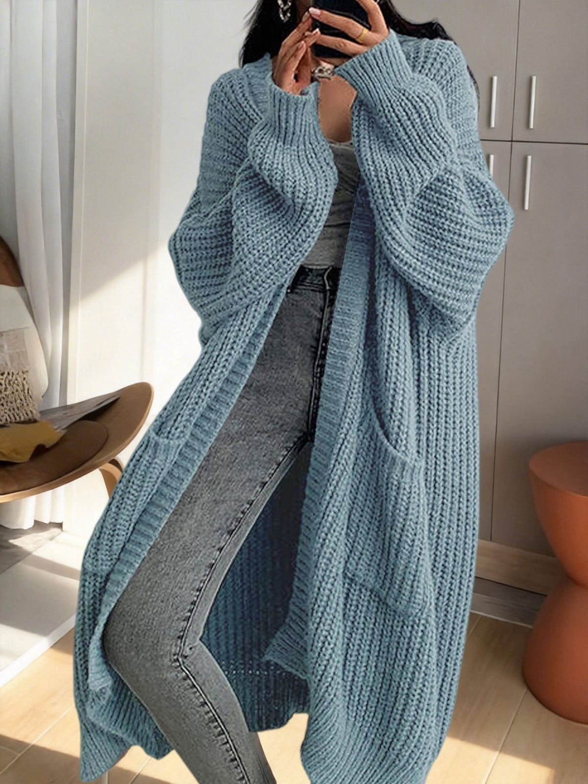Women's Ribbed Knit Longline Duster Cardigan with Pockets
