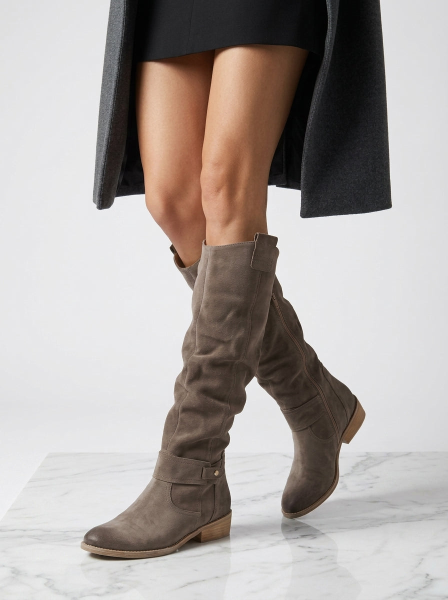 Women's Suede Knee-High Boots – Slouchy Block Heel
