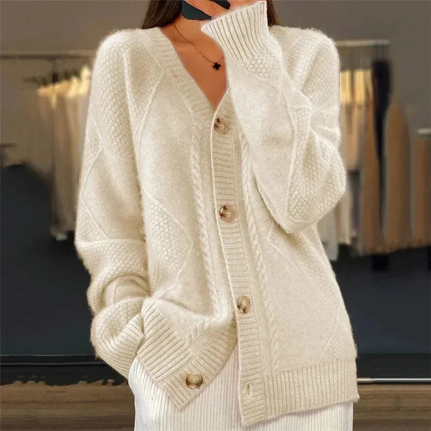 Women's Diamond Knit Cardigan – Button Front V-Neck Layer