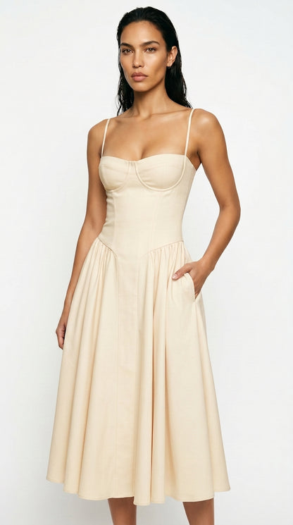 Women's Corset Midi Dress – Square Neck A-Line Dress with Pockets