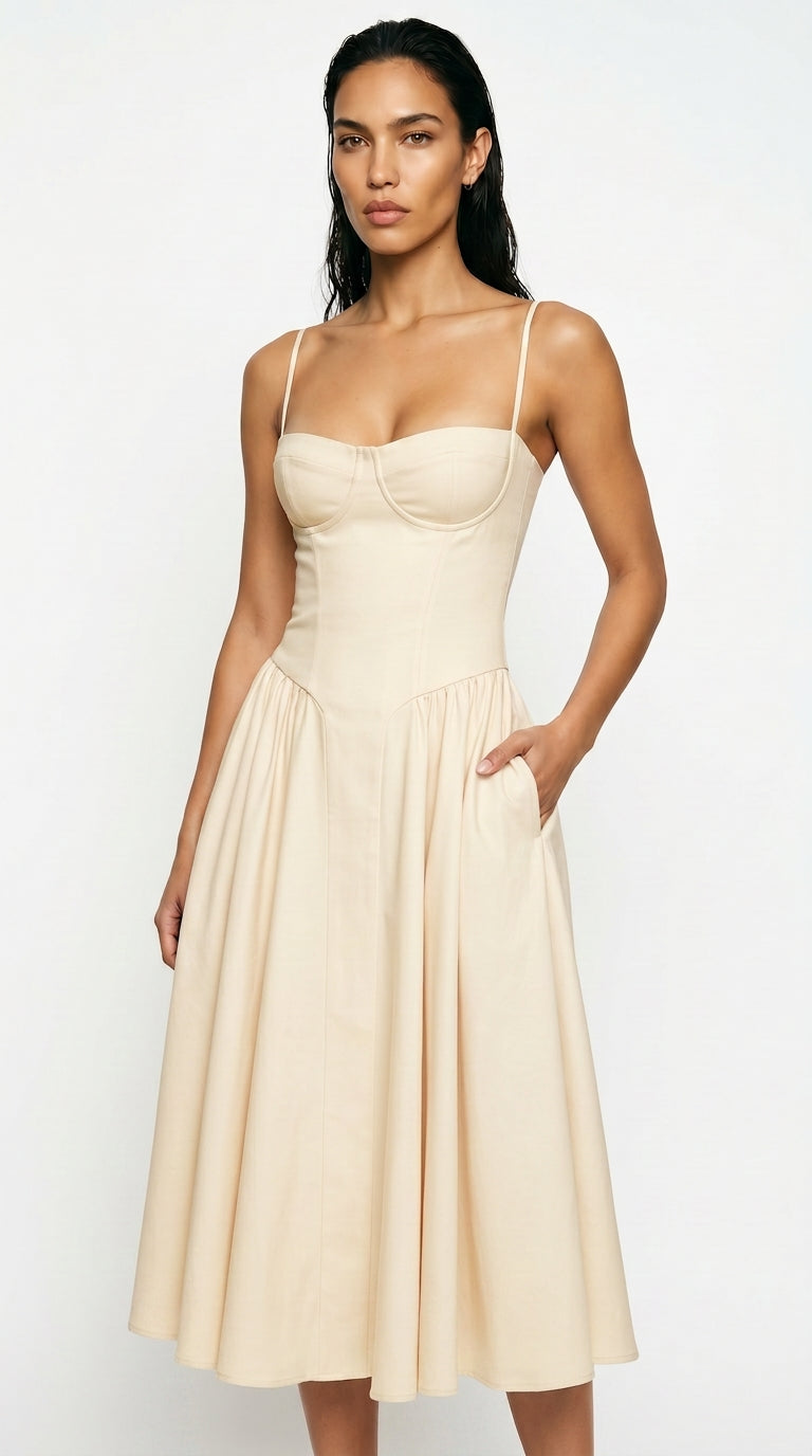 Women's Corset Midi Dress – Square Neck A-Line Dress with Pockets