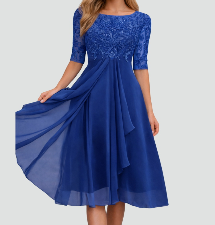 Women's Lace Bodice Midi Dress – Chiffon A-Line Party Dress