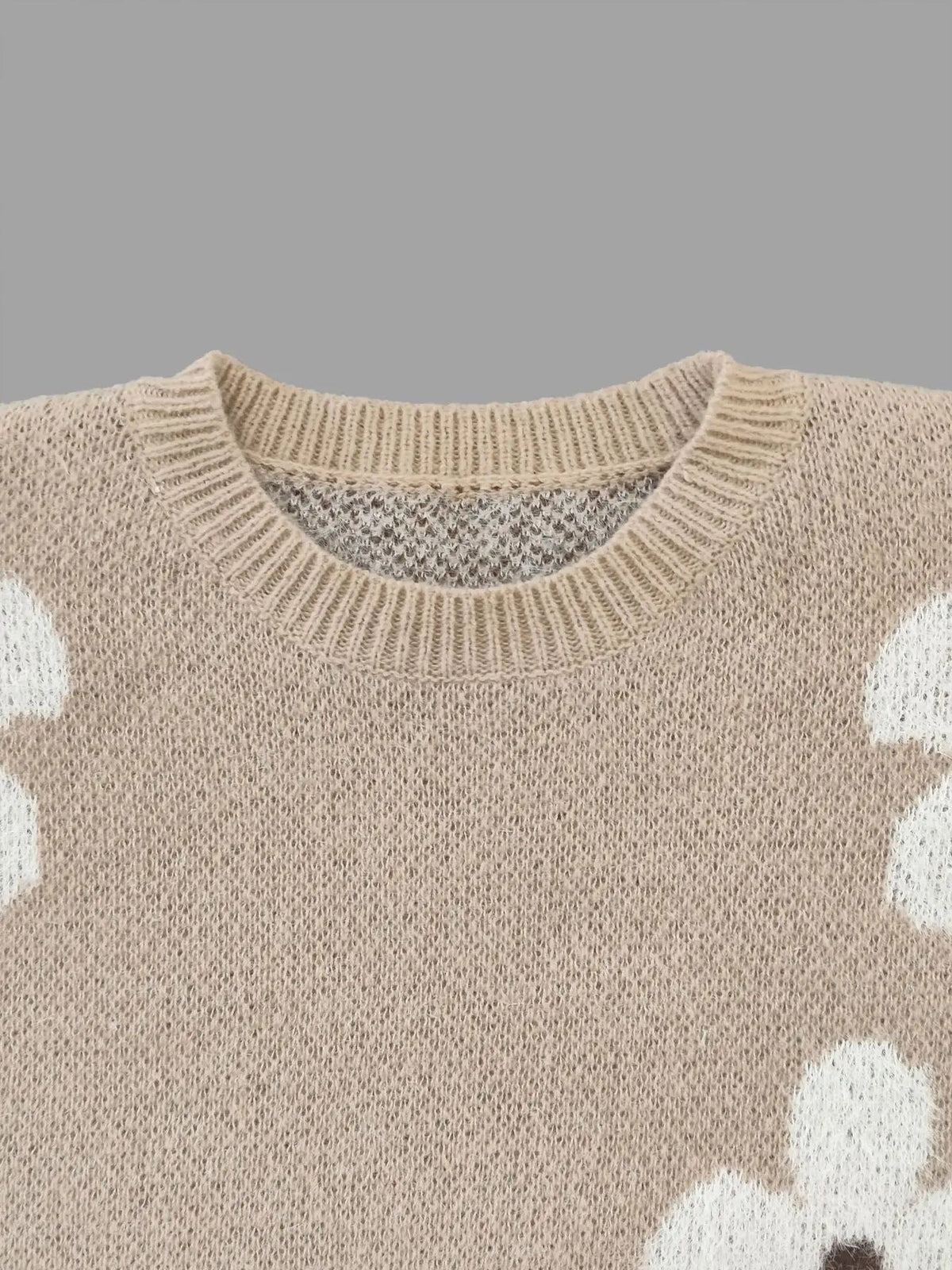 Women's Camel Floral Knit Jumper – Round Neck Winter Sweater