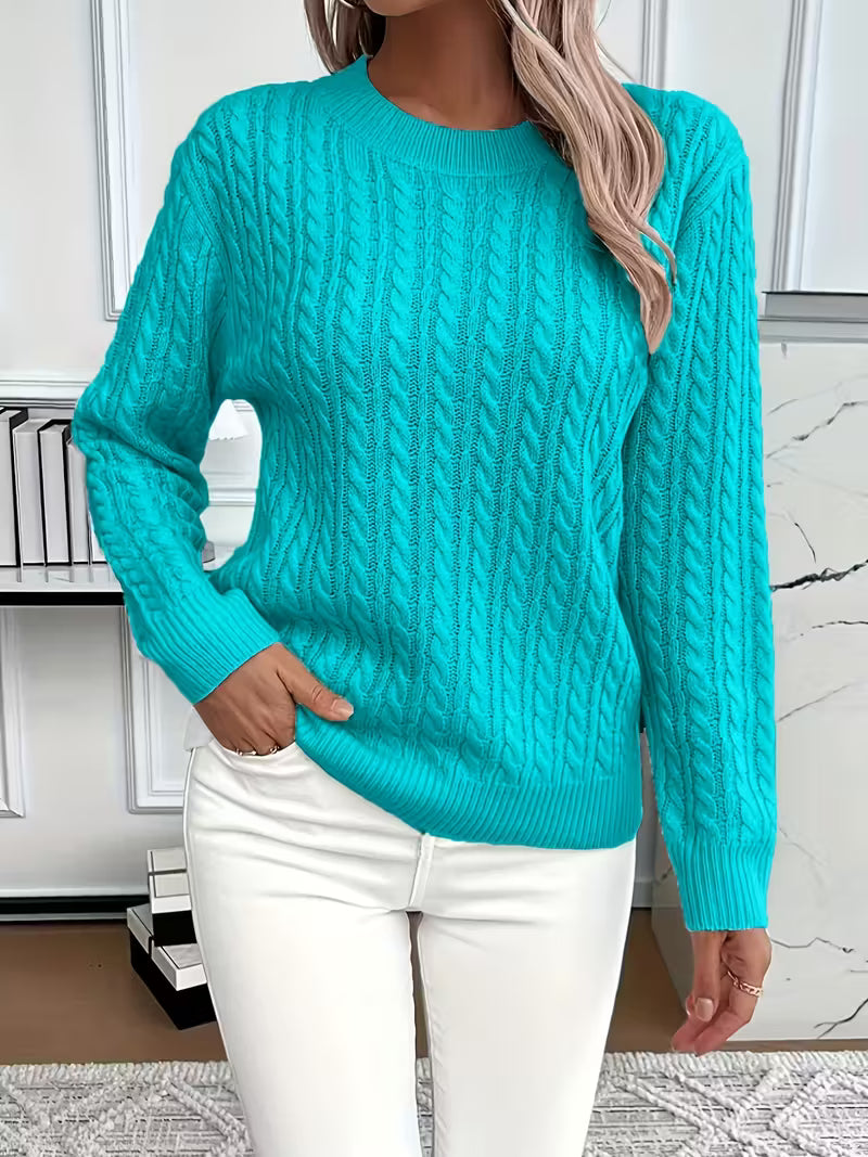 Women's Cable Knit Crew Neck Jumper – Ribbed Cuff Sweater