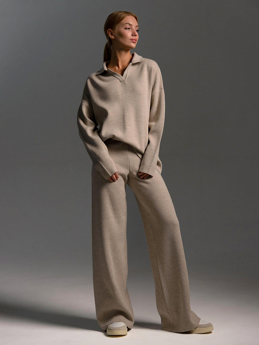 Women's Knit Polo Jumper & Wide Leg Trousers Set – Beige